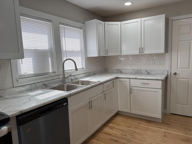 4813 N 36th St, Milwaukee, WI 53209 - kitchen featuring dishwasher, a sink, light wood-type flooring, white cabinetry, and decorative backsplash