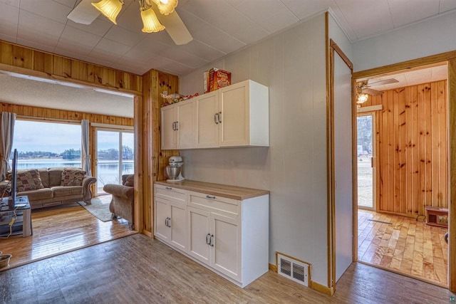 10439 W County Highway D, Exeland, WI 54835 - kitchen featuring wood walls, visible vents, white cabinetry, and ceiling fan