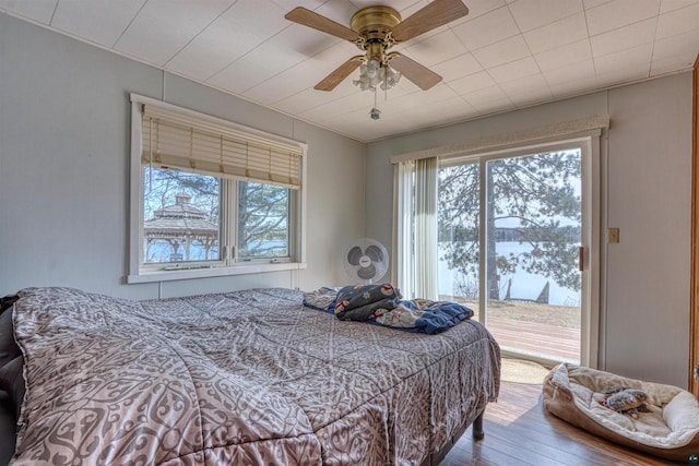 10439 W County Highway D, Exeland, WI 54835 - bedroom with access to exterior, multiple windows, ceiling fan, and hardwood / wood-style floors
