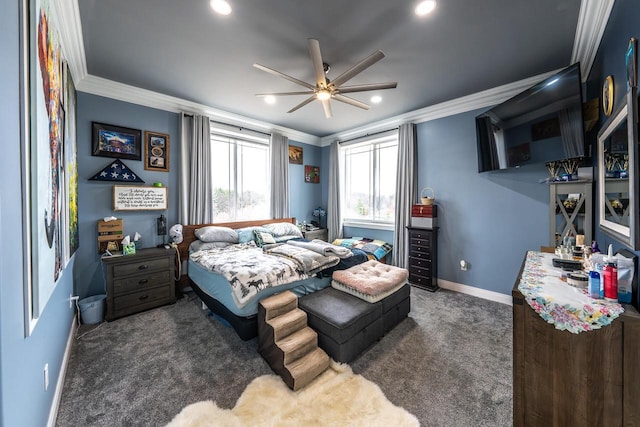 bedroom with baseboards, recessed lighting, carpet flooring, crown molding, and a ceiling fan