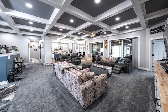 carpeted living area featuring baseboards, coffered ceiling, recessed lighting, beamed ceiling, and ceiling fan