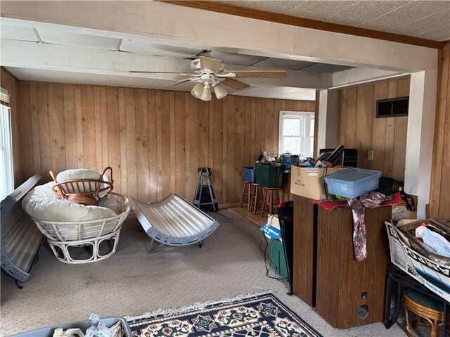 3168 W Howard St, Winter, WI 54896 - interior space with wood walls, ceiling fan, and carpet