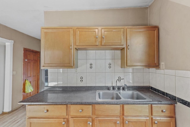 kitchen featuring a sink, light wood-type flooring, decorative backsplash, and dark countertops