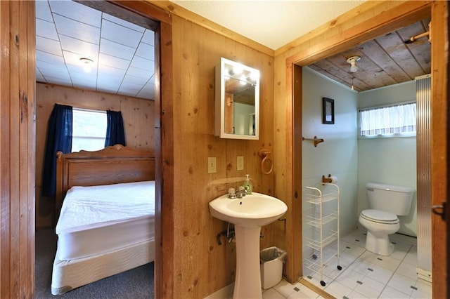 bathroom with a wealth of natural light, wooden walls, and toilet