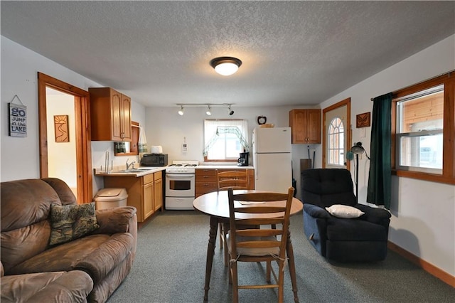 kitchen with dark colored carpet, white appliances, open floor plan, light countertops, and a sink