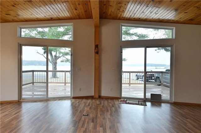entryway featuring wood ceiling, wood finished floors, plenty of natural light, and a water view