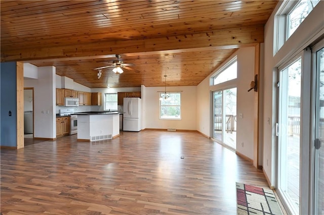 unfurnished living room featuring a ceiling fan, visible vents, wood ceiling, wood finished floors, and lofted ceiling