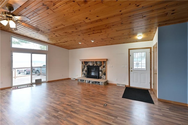 unfurnished living room featuring wood ceiling, wood finished floors, visible vents, and plenty of natural light