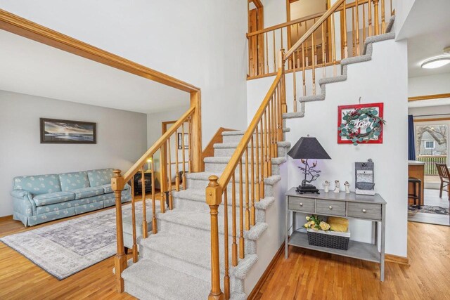 7817 Brule St, Madison, WI 53717 - stairs featuring baseboards, a towering ceiling, and wood finished floors