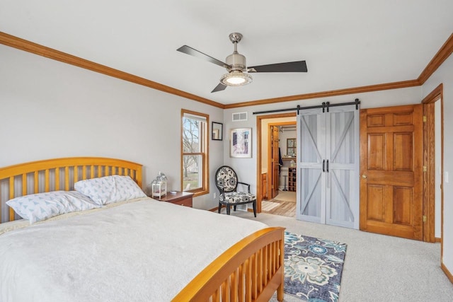 7817 Brule St, Madison, WI 53717 - bedroom featuring ornamental molding, visible vents, carpet, and a barn door