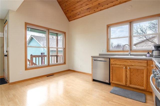 318 Meadow Lark Ln, Osceola, WI 54020 - kitchen with a sink, stainless steel dishwasher, light wood-style floors, and lofted ceiling