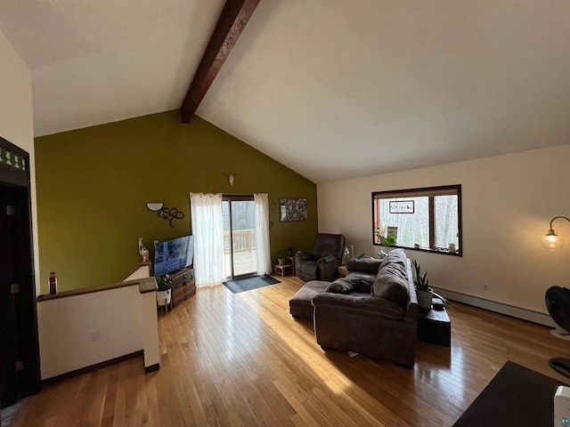 27200 N Maple Hill Rd, Washburn, WI 54891 - living room with wood-type flooring, lofted ceiling with beams, and baseboard heating