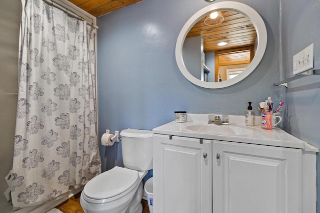 W3780 Cypress Dr, Lake Geneva, WI 53147 - bathroom with toilet, curtained shower, wooden ceiling, and vanity