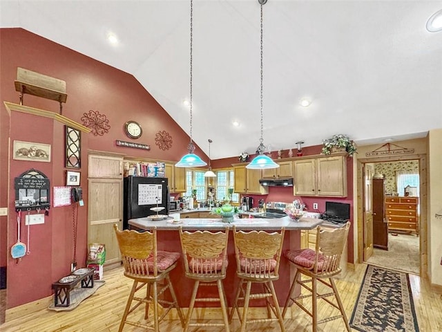 10244 124th St, Chippewa Falls, WI 54729 - kitchen featuring freestanding refrigerator, high vaulted ceiling, light wood-type flooring, a kitchen island, and under cabinet range hood
