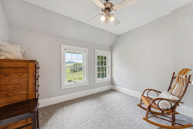 S617 County Road G, Wonewoc, WI 53968 - living area featuring carpet flooring, baseboards, a ceiling fan, and lofted ceiling
