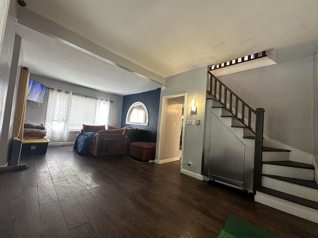 4153 N 60th St, Milwaukee, WI 53216 - living room with stairs, dark wood-style floors, and baseboards