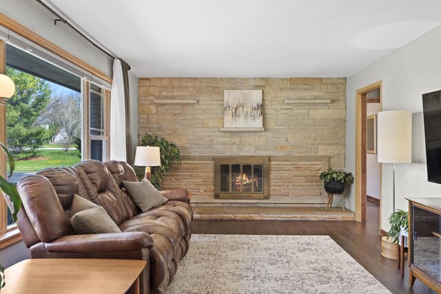 living area with wood finished floors and a fireplace
