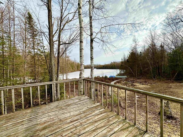 N7824 Typner Lake Rd, Deerbrook, WI 54424 - wooden terrace featuring a wooded view