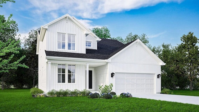 1690 Whalen Dr, Oconomowoc, WI 53066 - modern inspired farmhouse featuring a front yard, an attached garage, board and batten siding, and driveway