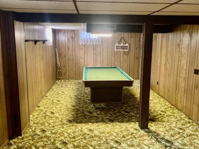 game room with carpet flooring, billiards, and wooden walls
