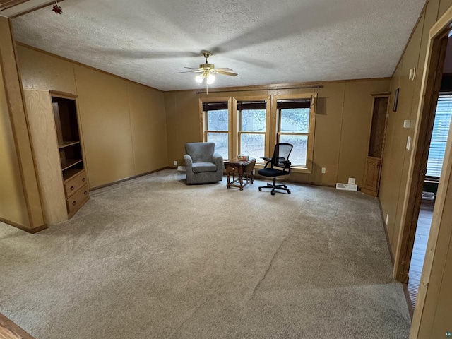 68485 N George St, Iron River, WI 54847 - sitting room featuring ceiling fan, carpet floors, a textured ceiling, a decorative wall, and baseboards