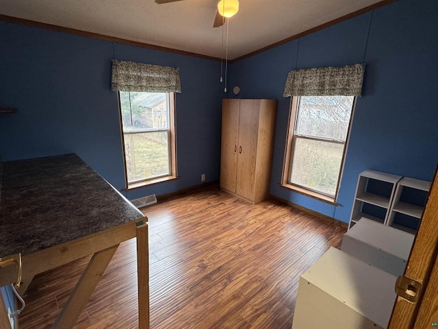 68485 N George St, Iron River, WI 54847 - dining room featuring lofted ceiling, wood finished floors, healthy amount of natural light, and ceiling fan