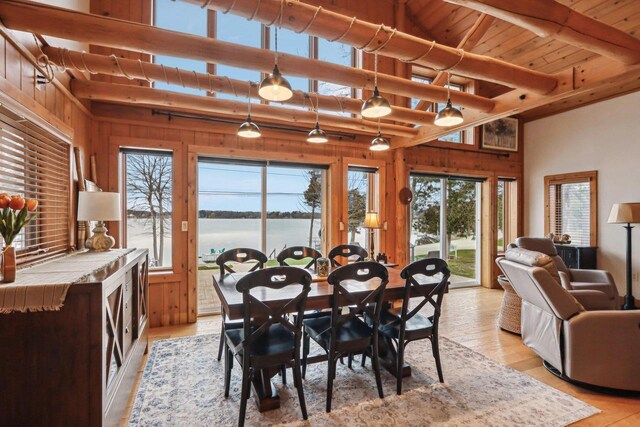 W9160 Ripley Rd, Cambridge, WI 53523 - dining space featuring light wood-style flooring, a water view, wooden ceiling, wood walls, and beam ceiling