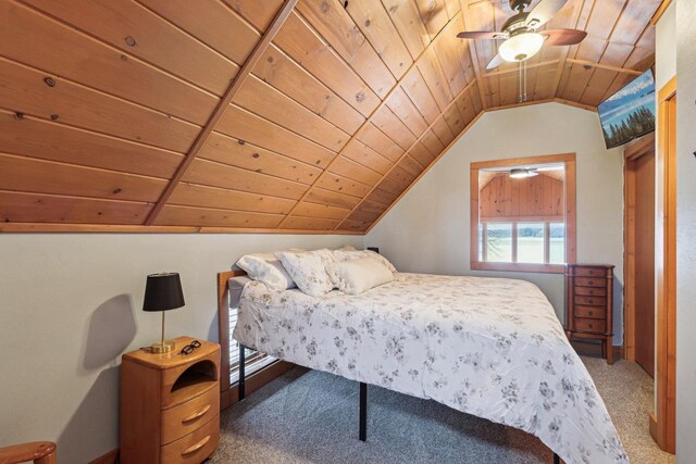W9160 Ripley Rd, Cambridge, WI 53523 - bedroom featuring vaulted ceiling, wooden ceiling, a ceiling fan, and carpet floors