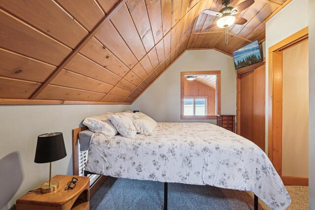 W9160 Ripley Rd, Cambridge, WI 53523 - bedroom featuring wood ceiling, ceiling fan, lofted ceiling, and carpet floors