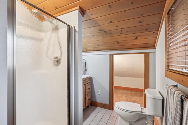 W9160 Ripley Rd, Cambridge, WI 53523 - full bathroom with vanity, a stall shower, toilet, lofted ceiling, and wood finished floors