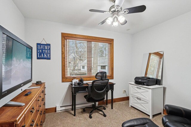 W9160 Ripley Rd, Cambridge, WI 53523 - office area featuring a baseboard heating unit, light carpet, baseboards, and ceiling fan