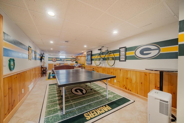 1501 Walls St, Green Bay, WI 54304 - playroom featuring wainscoting, wooden walls, a paneled ceiling, and recessed lighting