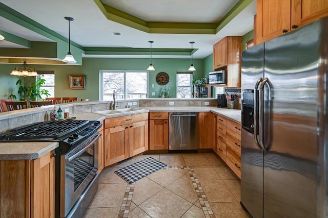 446 County Road Bb, Marshall, WI 53559 - kitchen with a raised ceiling, a healthy amount of sunlight, light tile patterned floors, and stainless steel appliances