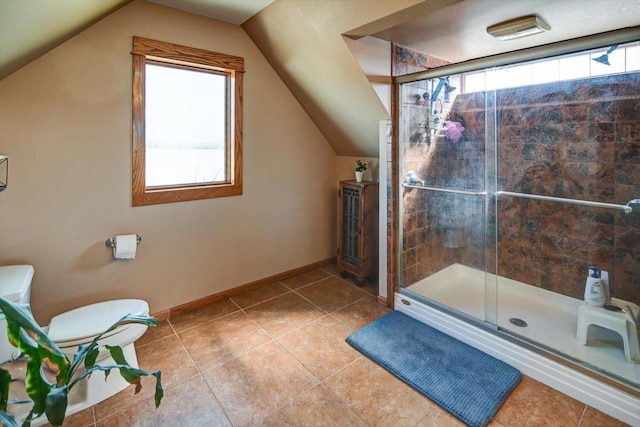 446 County Road Bb, Marshall, WI 53559 - full bath featuring toilet, a stall shower, tile patterned flooring, and lofted ceiling