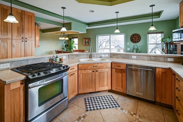 446 County Road Bb, Marshall, WI 53559 - kitchen with a sink, appliances with stainless steel finishes, a raised ceiling, and light tile patterned flooring