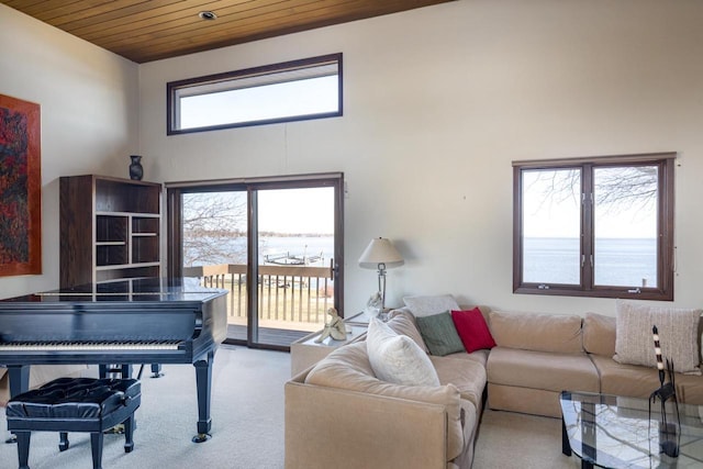 2136 White Swan Dr, Oshkosh, WI 54901 - carpeted living room with a high ceiling and wood ceiling