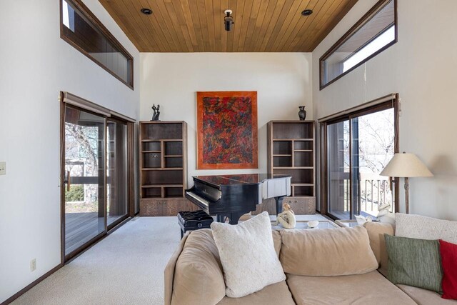 2136 White Swan Dr, Oshkosh, WI 54901 - carpeted living area with a wealth of natural light, a towering ceiling, and wood ceiling