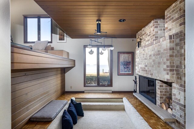 2136 White Swan Dr, Oshkosh, WI 54901 - interior space featuring visible vents, baseboards, a brick fireplace, and wood ceiling