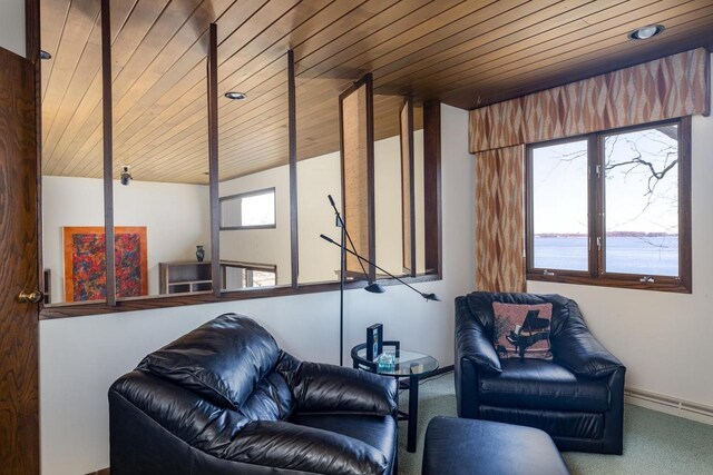 2136 White Swan Dr, Oshkosh, WI 54901 - sitting room featuring wood ceiling, baseboards, and carpet