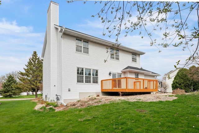 911 Chalfont Dr, Sun Prairie, WI 53590 - rear view of property with a lawn, a wooden deck, and a chimney
