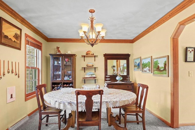 911 Chalfont Dr, Sun Prairie, WI 53590 - dining area featuring an inviting chandelier, baseboards, a baseboard heating unit, and carpet flooring