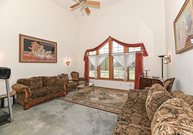 2421 Dover Ln, Mount Pleasant, WI 53406 - living room with carpet, high vaulted ceiling, and ceiling fan