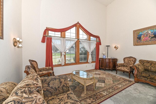 2421 Dover Ln, Mount Pleasant, WI 53406 - living area with carpet flooring, a towering ceiling, and a wealth of natural light