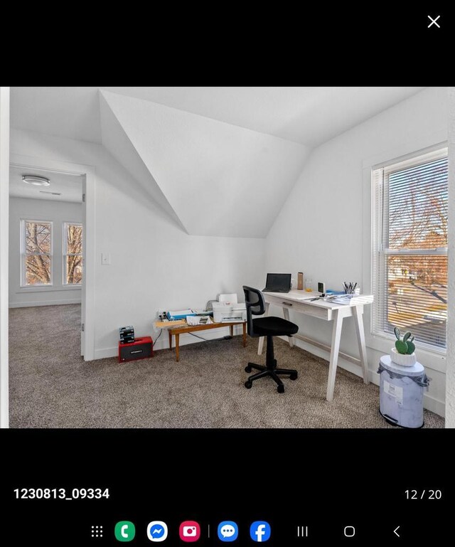 2317 S 9th St, Sheboygan, WI 53081 - home office with carpet flooring, baseboards, and vaulted ceiling