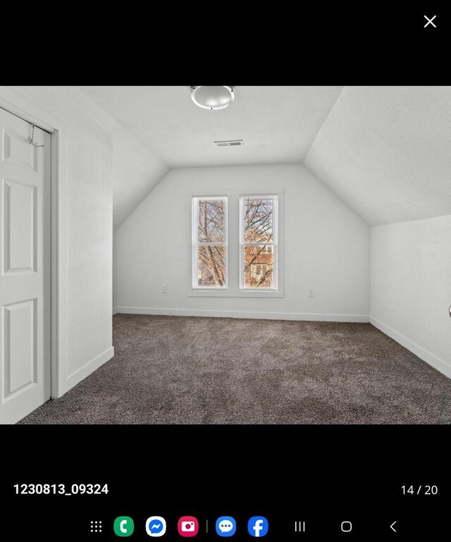 2317 S 9th St, Sheboygan, WI 53081 - bonus room featuring visible vents, baseboards, carpet, and lofted ceiling