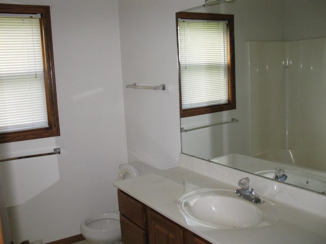 full bathroom featuring toilet, vanity, and walk in shower