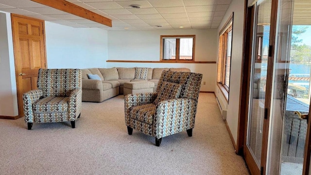 living room featuring visible vents, a wealth of natural light, light colored carpet, and a drop ceiling
