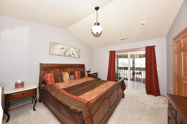 bedroom featuring access to exterior, visible vents, light colored carpet, and lofted ceiling