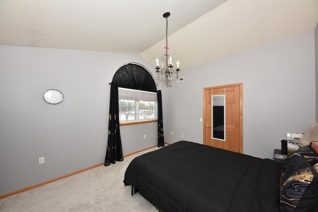 bedroom with light carpet, an inviting chandelier, baseboards, and vaulted ceiling