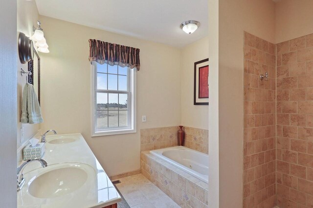 9521 County Road Ww, Wisconsin Rapids, WI 54494 - full bathroom featuring a bath, tiled shower, double vanity, and a sink